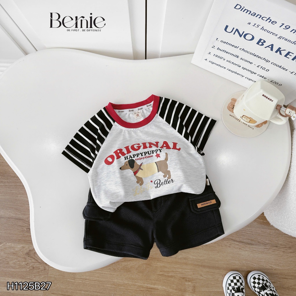 Bộ cotton cộc tay raglan phối kẻ in hoạ tiết original, bộ cotton cộc tay bé trai quần túi hộp