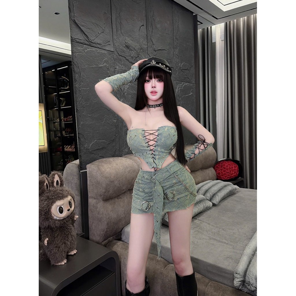 Set váy nữ sexy cá tính chất jean rách đan dây