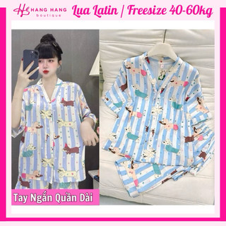 Đồ ngủ nữ 40-60kg, pijama dài cộc tay dơi rộng cổ v chữ y lụa latin mịn mát 60CD33, đồ bộ nữ đồ mặc nhà dễ thương cute