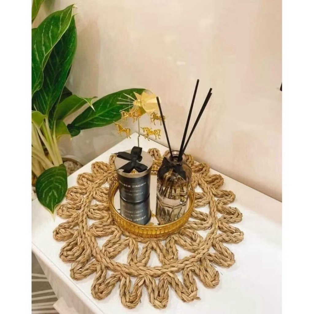 Thảm cói Vintage - Tấm lót hoạ tiết dùng trải bàn, decor, trang trí tường