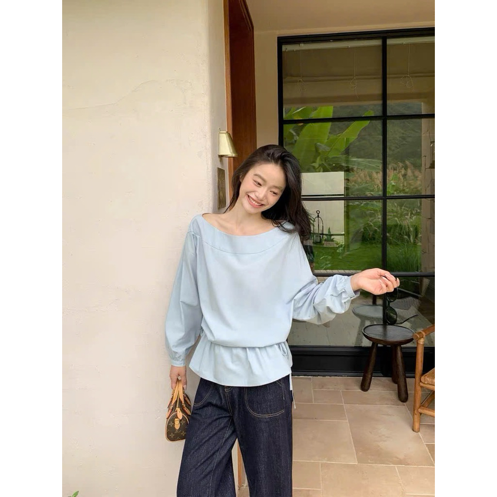 Sơ mi cổ thuyền rút eo xanh pastel Onni st
