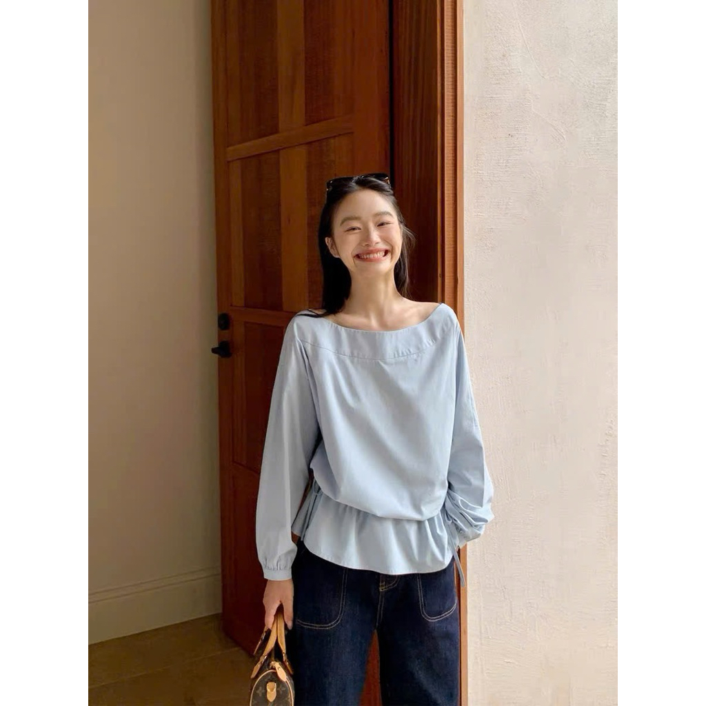 Sơ mi cổ thuyền rút eo xanh pastel Onni st