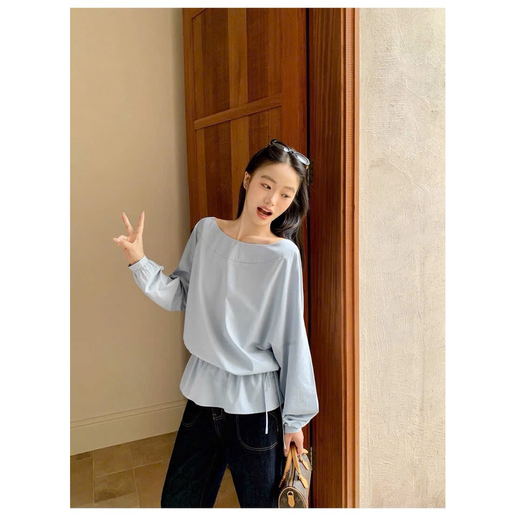 Sơ mi cổ thuyền rút eo xanh pastel Onni st
