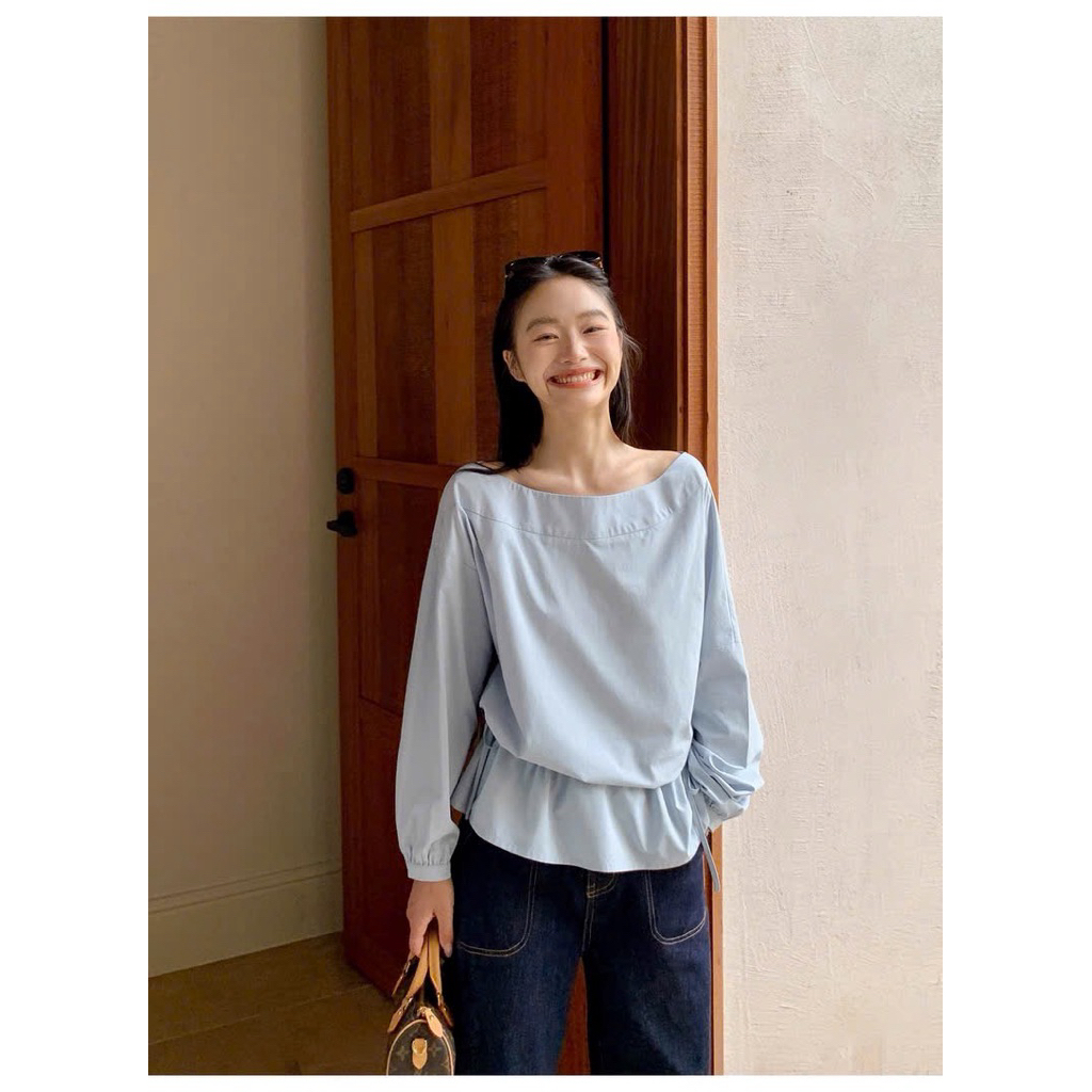 Sơ mi cổ thuyền rút eo xanh pastel Onni st