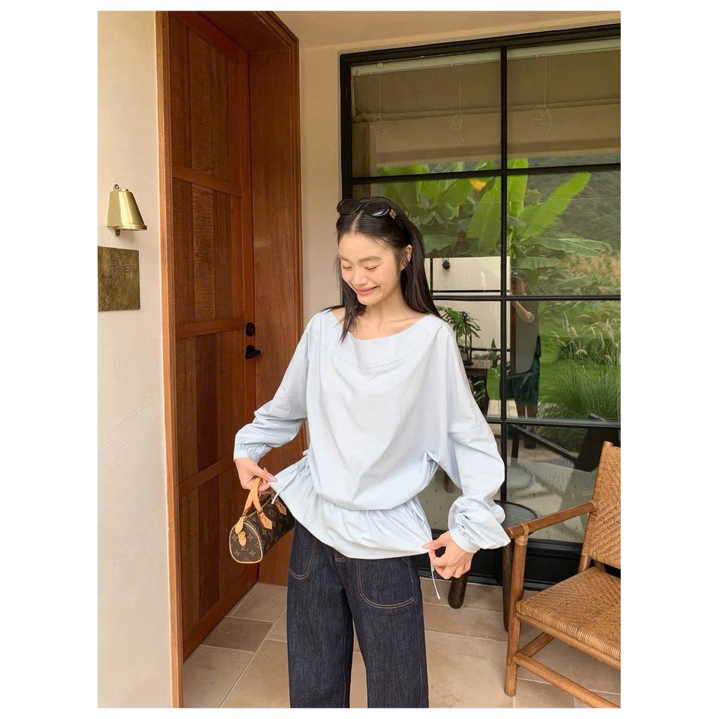 Sơ mi cổ thuyền rút eo xanh pastel Onni st