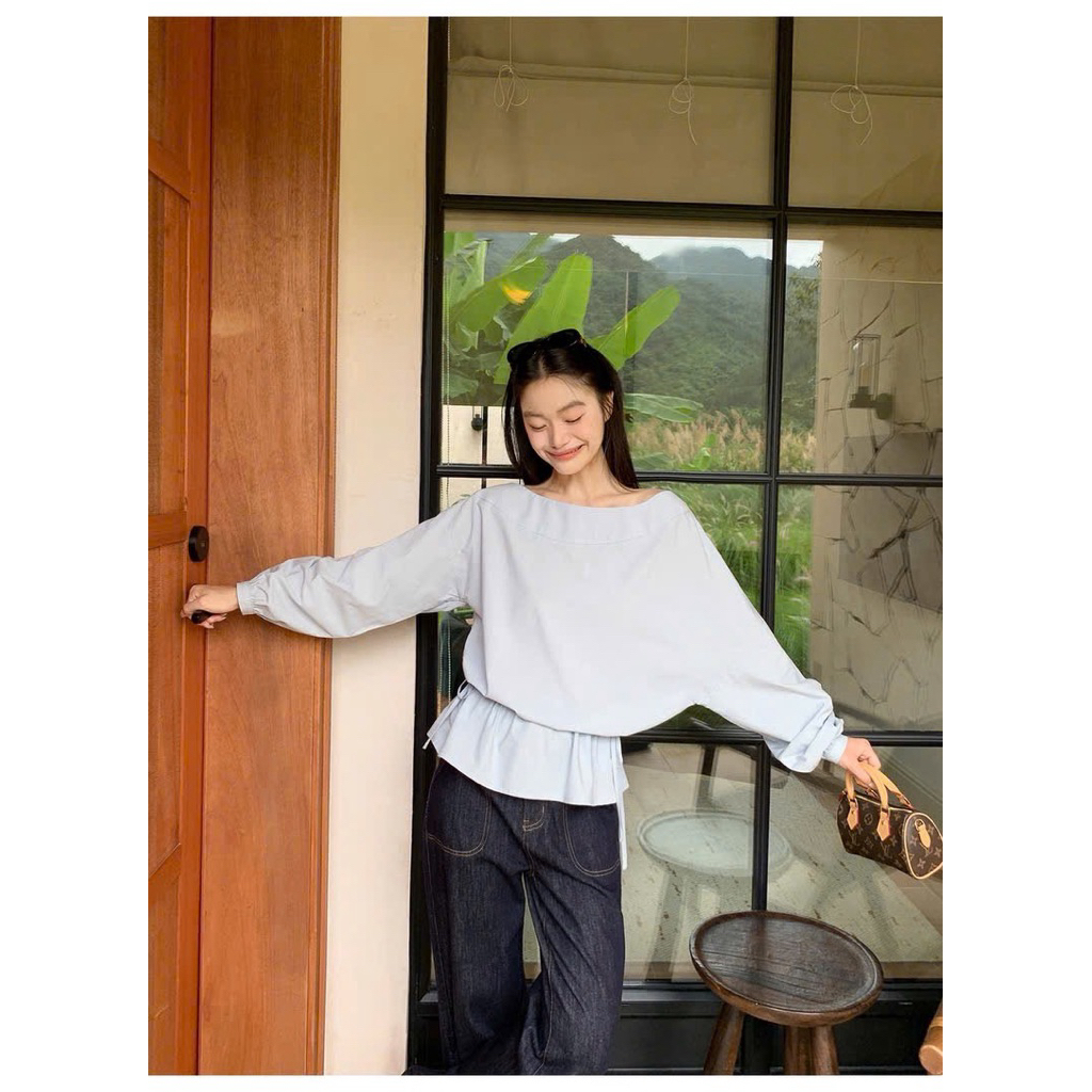 Sơ mi cổ thuyền rút eo xanh pastel Onni st