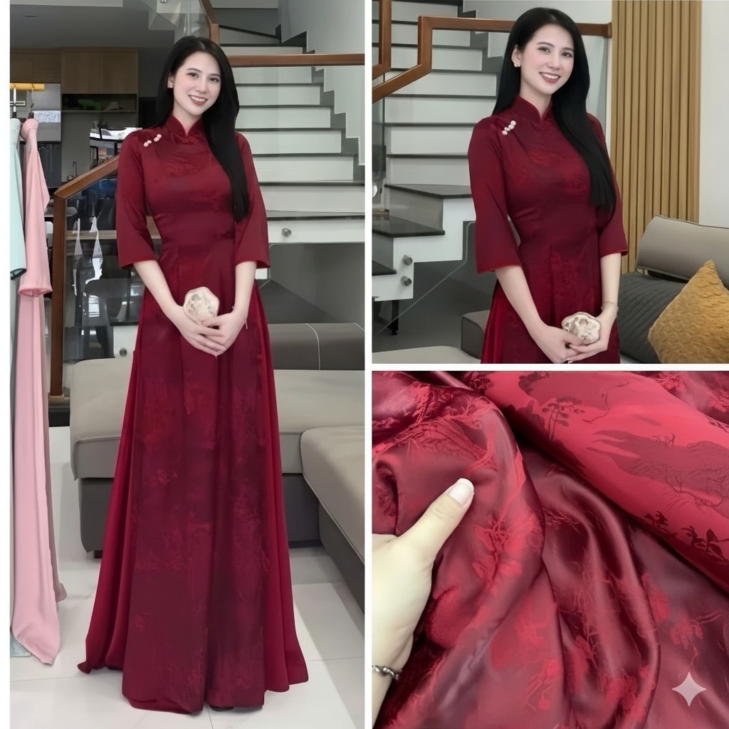 Áo Dài Nữ Gấm 2 Da Cao Cấp - Thiết Kế Phom Chuẩn Truyền Thống Mix Hiện Đại, Tà Rủ Mềm Mại, Họa Tiết Dệt Óng Ánh T1468G