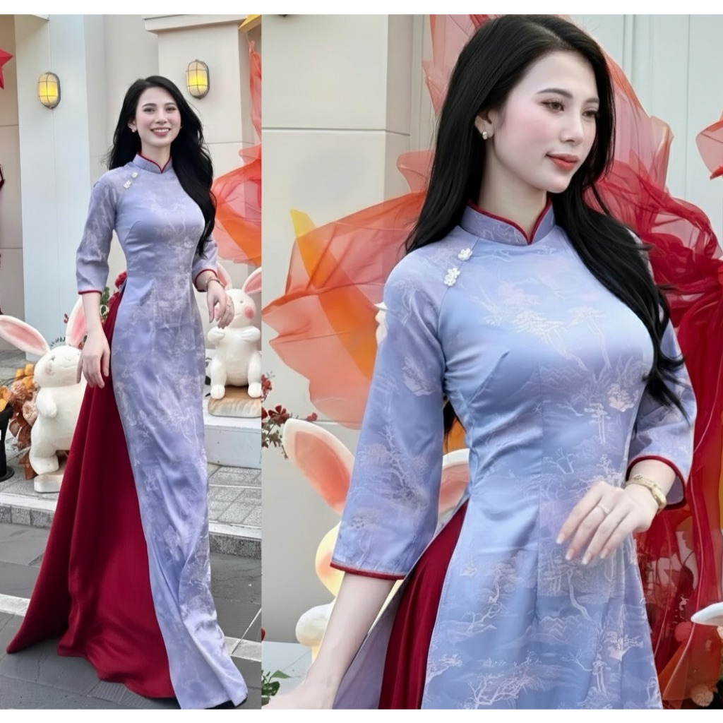 Áo Dài Nữ Gấm 2 Da Cao Cấp - Thiết Kế Phom Chuẩn Truyền Thống Mix Hiện Đại, Tà Rủ Mềm Mại, Họa Tiết Dệt Óng Ánh T1468G