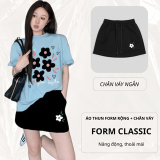 Set Bộ Áo Thun Nữ CHEPOL Form Rộng, Cổ Tròn, Phối Chân Váy Ngắn, In Hoa, Chất Cotton(Áo Phông Xanh Biển+Cv Ngắn)CP_10760