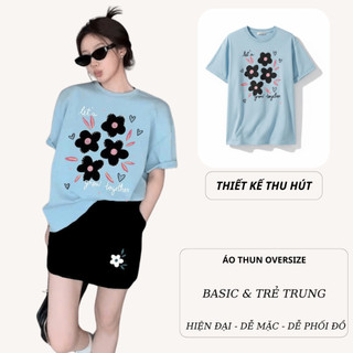 Set Bộ Áo Thun Nữ CHEPOL Form Rộng, Cổ Tròn, Phối Chân Váy Ngắn, In Hoa, Chất Cotton(Áo Phông Xanh Biển+Cv Ngắn)CP_10760