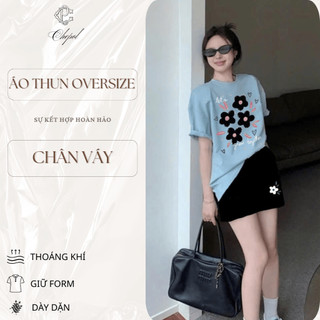 Set Bộ Áo Thun Nữ CHEPOL Form Rộng, Cổ Tròn, Phối Chân Váy Ngắn, In Hoa, Chất Cotton(Áo Phông Xanh Biển+Cv Ngắn)CP_10760