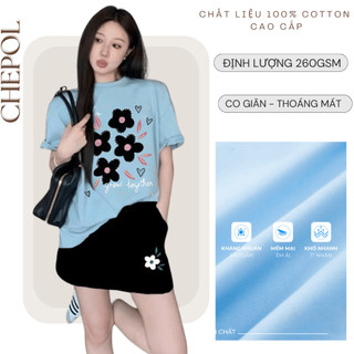 Set Bộ Áo Thun Nữ CHEPOL Form Rộng, Cổ Tròn, Phối Chân Váy Ngắn, In Hoa, Chất Cotton(Áo Phông Xanh Biển+Cv Ngắn)CP_10760