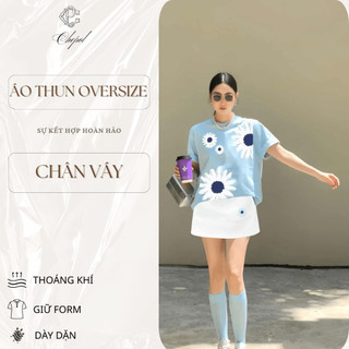 Set Bộ Áo Thun Nữ CHEPOL Form Rộng, Cổ Tròn, Phối Chân Váy Ngắn, In Hoa, Chất Cotton(Áo Phông Xanh Biển+Cv ngắn)CP_x8544