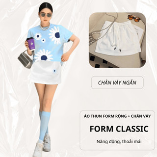 Set Bộ Áo Thun Nữ CHEPOL Form Rộng, Cổ Tròn, Phối Chân Váy Ngắn, In Hoa, Chất Cotton(Áo Phông Xanh Biển+Cv ngắn)CP_x8544