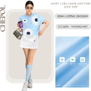 Set Bộ Áo Thun Nữ CHEPOL Form Rộng, Cổ Tròn, Phối Chân Váy Ngắn, In Hoa, Chất Cotton(Áo Phông Xanh Biển+Cv ngắn)CP_x8544