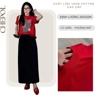 Set Bộ Áo Thun Nữ CHEPOL Form Rộng, Cổ Tròn, Phối Chân Váy Ngắn, In Hoa, Chất Cotton (Áo Phông Đỏ Tươi+Cv Suông)CP_x7133