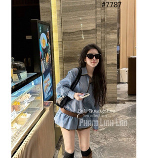 QCL1 7787 Áo sơ mi kẻ dài tay kèm belt siêu hot siêu đẹp(Freesz)