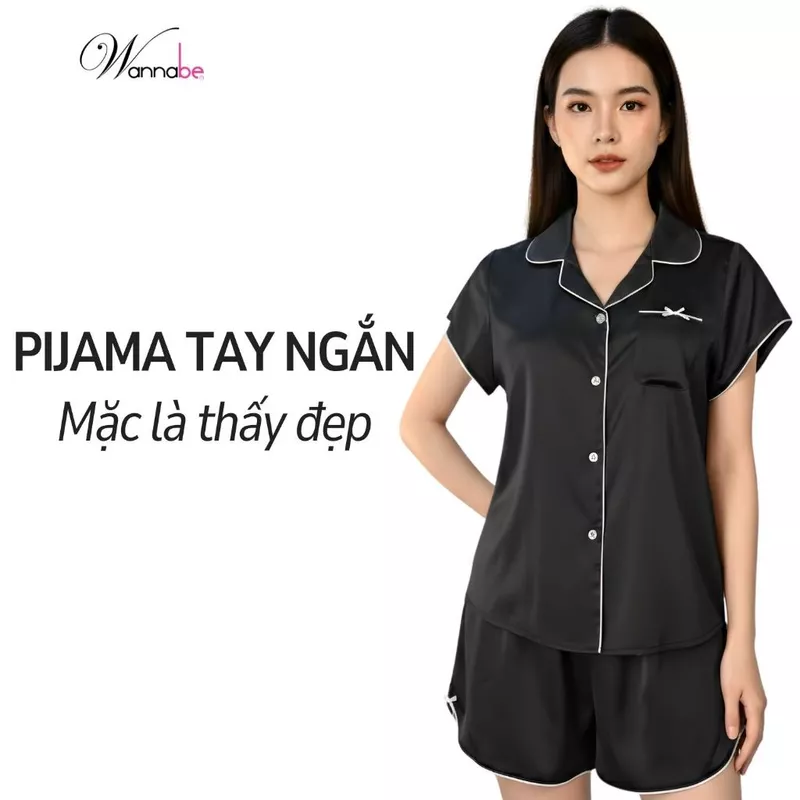 Đồ ngủ nữ pajama mặc nhà WANNABE bộ ngủ cộc tay quần đùi vải lụa trẻ trung có thể mặc ra ngoài BS99P — ảnh 1
