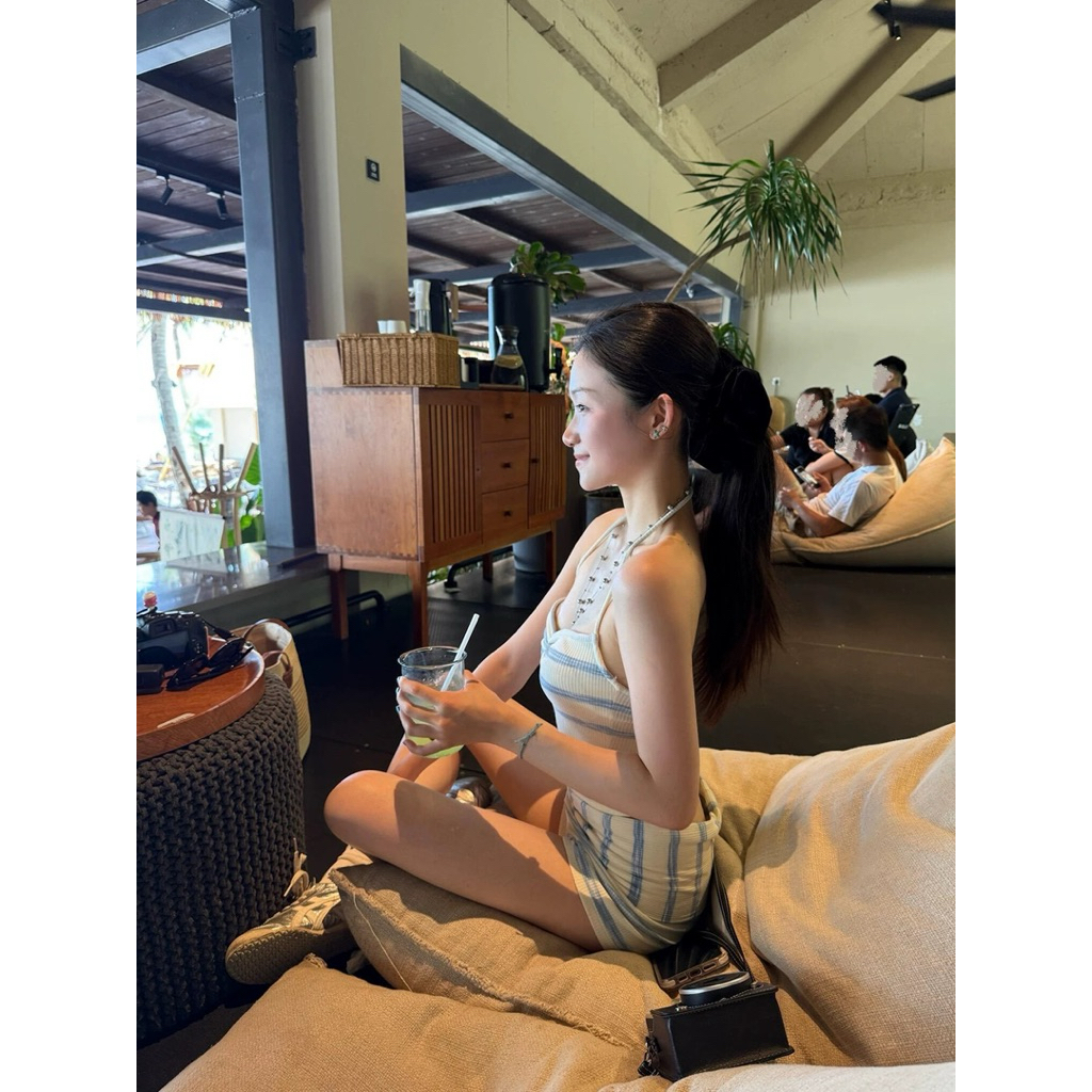 Set đồ bơi nữ kẻ sọc áo yếm buộc cổ + quần short cạp lật dáng ôm – bikini nữ sexy tôn dáng đi biển, du lịch [ E_S22 ]