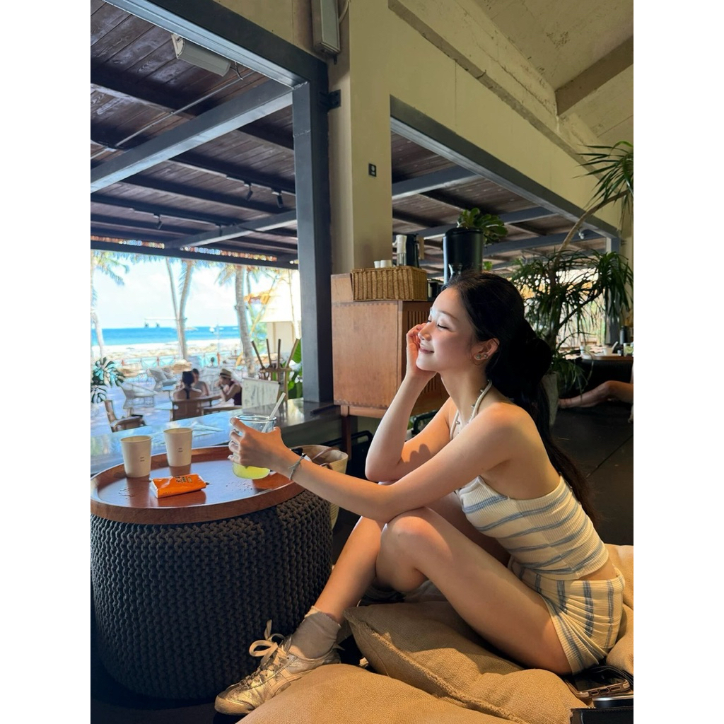 Set đồ bơi nữ kẻ sọc áo yếm buộc cổ + quần short cạp lật dáng ôm – bikini nữ sexy tôn dáng đi biển, du lịch [ E_S22 ]