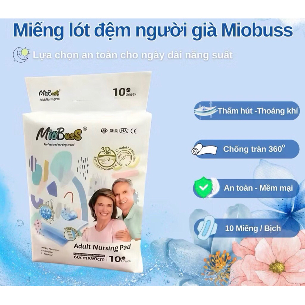 Tấm Lót Chống Thấm Người Lớn MioBoss 60x90cm – Miếng Lót Giường 3D Siêu Thấm Hút, Chống Tràn 360°