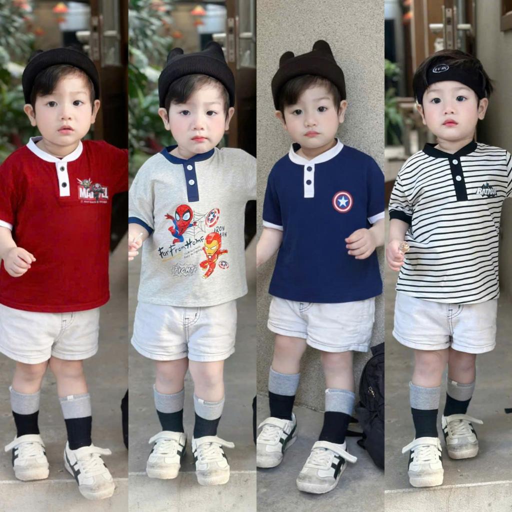 Áo cộc tay cổ tàu họa tiết siêu anh hùng chất cotton mềm mịn,thoáng mát cho bé mặc nhà, đi học đi chơi size 9-23kg