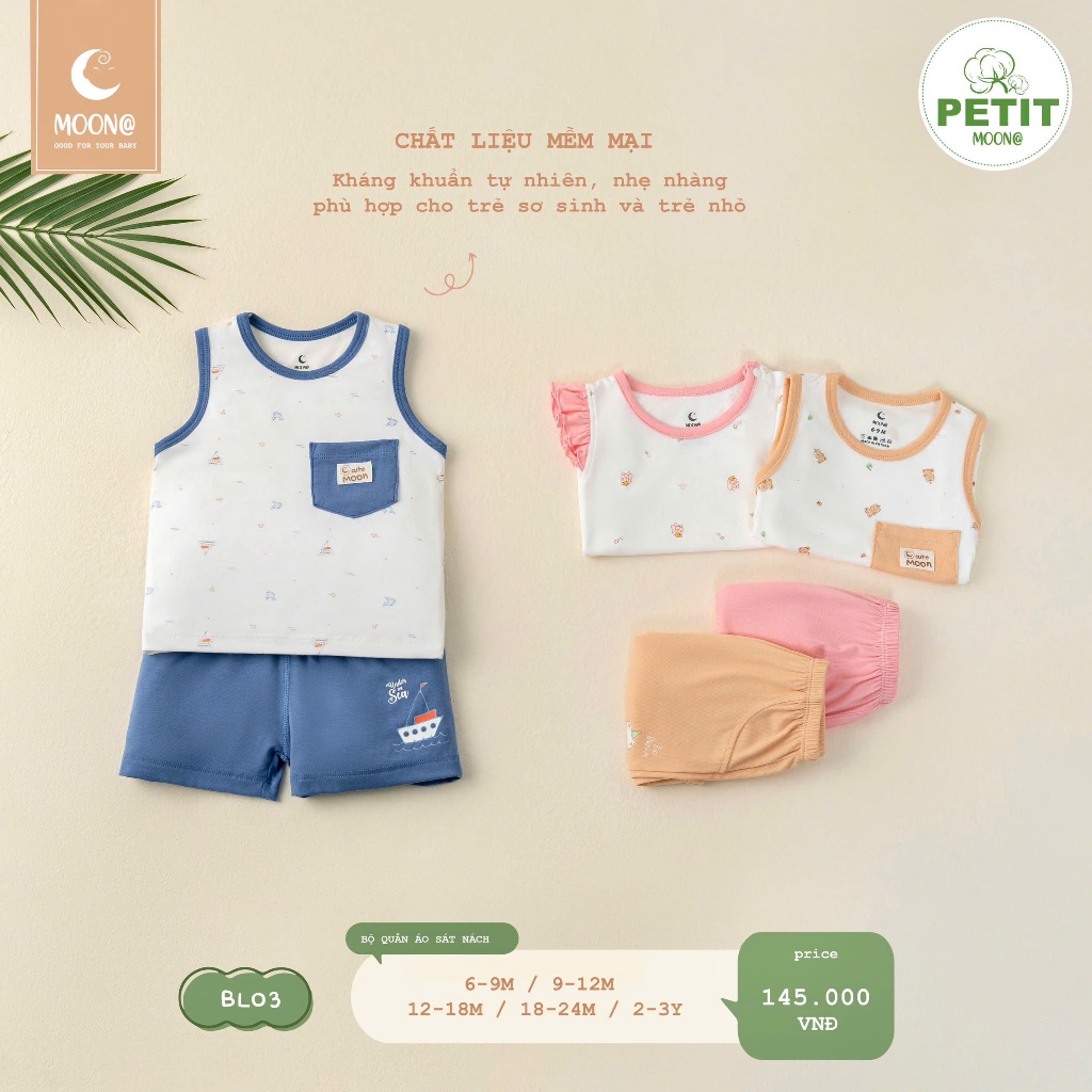 Bộ ba lỗ MOON vải petit hè mỏng mát cho bé trai bé gái bộ sát nách in chữ in hình