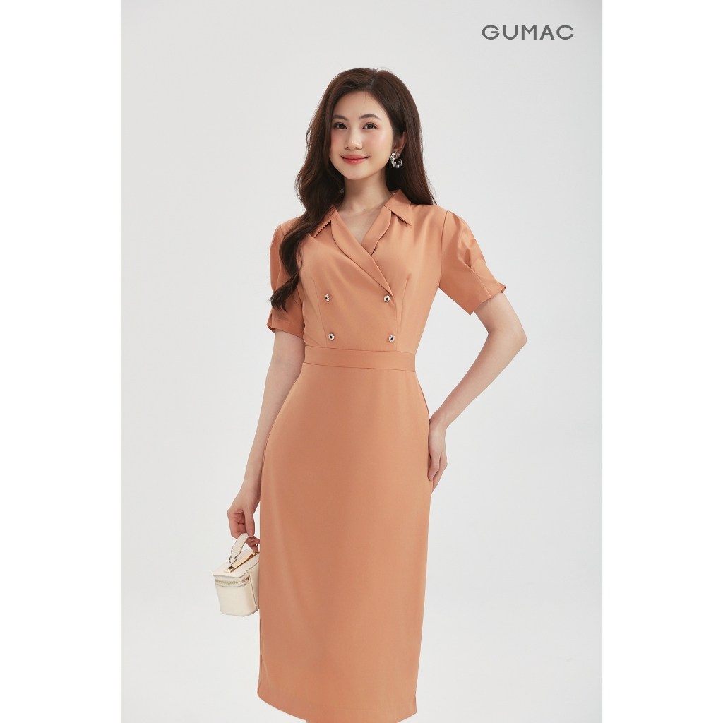 Đầm Công Sở GUMAC Dáng Bút Chì Cổ Vest Cách Điệu Thanh Lịch Sang Trọng LDG0305