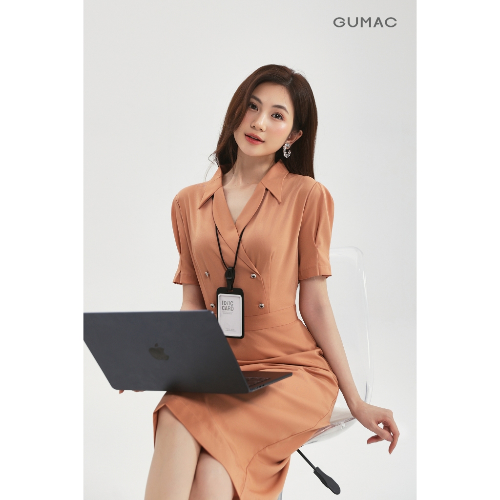 Đầm Công Sở GUMAC Dáng Bút Chì Cổ Vest Cách Điệu Thanh Lịch Sang Trọng LDG0305