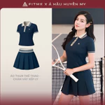 Bộ đồ Pickleball, cầu lông, tennis nữ Fitme CÉ áo thun Polo Navy cổ be, chân váy xếp ly Navy kèm quần bảo hộ VTNN01 — ảnh 1