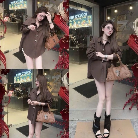 Áo Sơ Mi Nữ Form Rộng Cúc Trái Tim Màu Nâu Chocolate, Áo Sơ Mi Oversize Dài Tay Hàn Quốc - CHAMIE