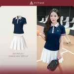 Bộ đồ Pickleball, cầu lông, tennis nữ Fitme CE áo thun Polo Navy sọc đỏ, chân váy xếp ly trắng kèm quần bảo hộ — ảnh 1