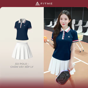 Bộ đồ Pickleball, cầu lông, tennis nữ Fitme CE áo thun Polo Navy sọc đỏ, chân váy xếp ly trắng kèm quần bảo hộ