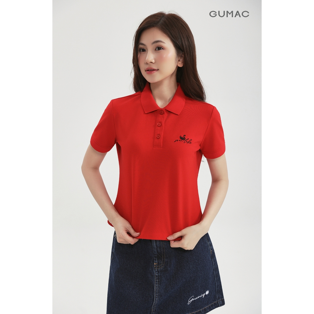 Áo polo nữ GUMAC form ôm nhẹ đọ dài lửng phía trước thêu hình chim thiên nga APF12011