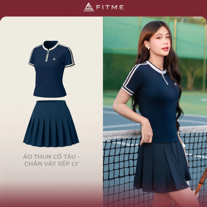 Bộ đồ Pickleball, cầu lông, tennis nữ Fitme CE áo thun cổ tàu, chân váy xếp ly navy kèm quần bảo hộ — ảnh 1