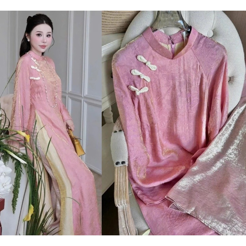 Áo  dài cách tân chất voan tơ óng 4 tà  đính khuy vải kèm quần lụa ống rộng đi lễ tết sang trọng truyền thống T1485G