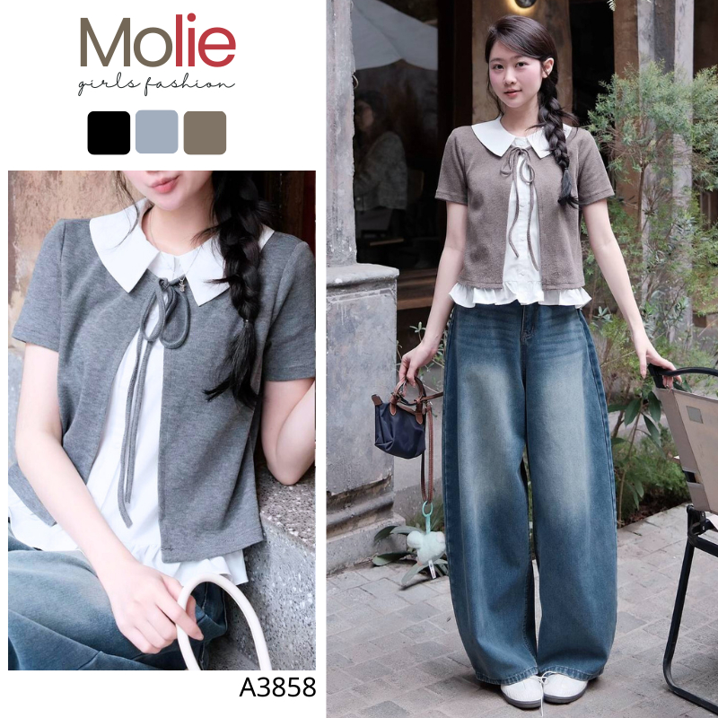 Áo Sơ Mi A3858 Phối Cardigan Nỉ Cộc Tay Phối Cổ Bèo Buộc Nơ Thanh Lịch MoLie