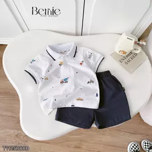 Bộ quần áo polo cộc tay họa tiết XE tinh nghịch,chất áo cotton co giãn phối quần kaki mềm mại cho bé đi học