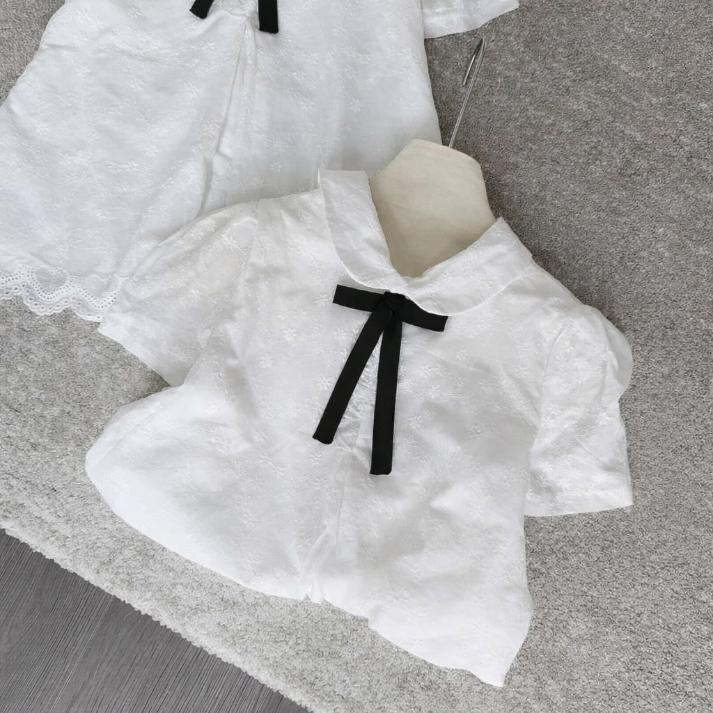 Áo babydoll cổ sen đính nơ cổ, Áo kiểu nữ vải ren tiểu thư MUZA A92
