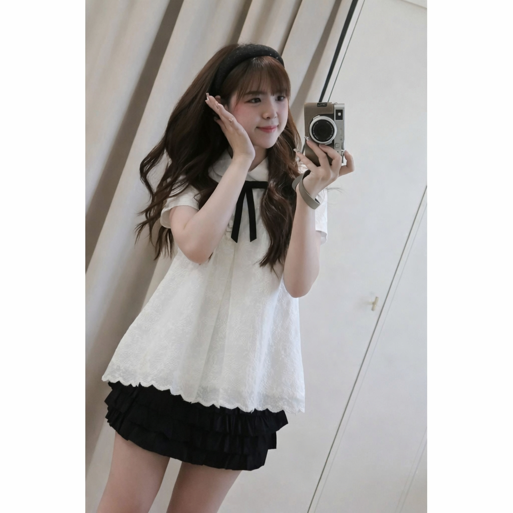 Áo babydoll cổ sen đính nơ cổ, Áo kiểu nữ vải ren tiểu thư MUZA A92