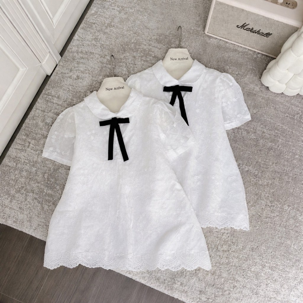 Áo babydoll cổ sen đính nơ cổ, Áo kiểu nữ vải ren tiểu thư MUZA A92