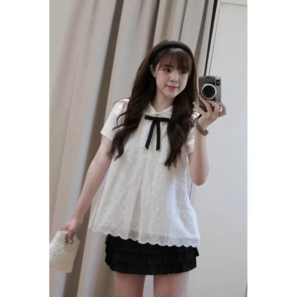 Áo babydoll cổ sen đính nơ cổ, Áo kiểu nữ vải ren tiểu thư MUZA A92