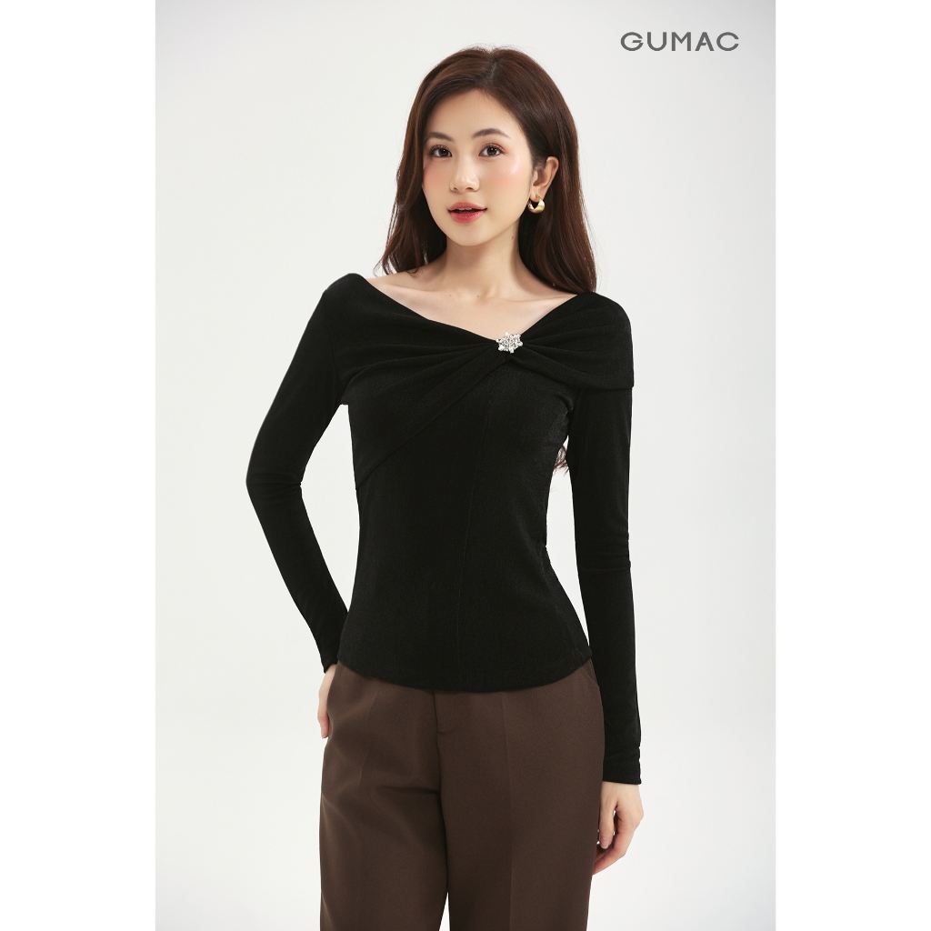 Áo Thun Nữ GUMAC Form Ôm Cổ Kiểu Trễ Vai Tay Dài Ôm Vừa Dễ Phối Đồ Hằng Ngày ATE09012