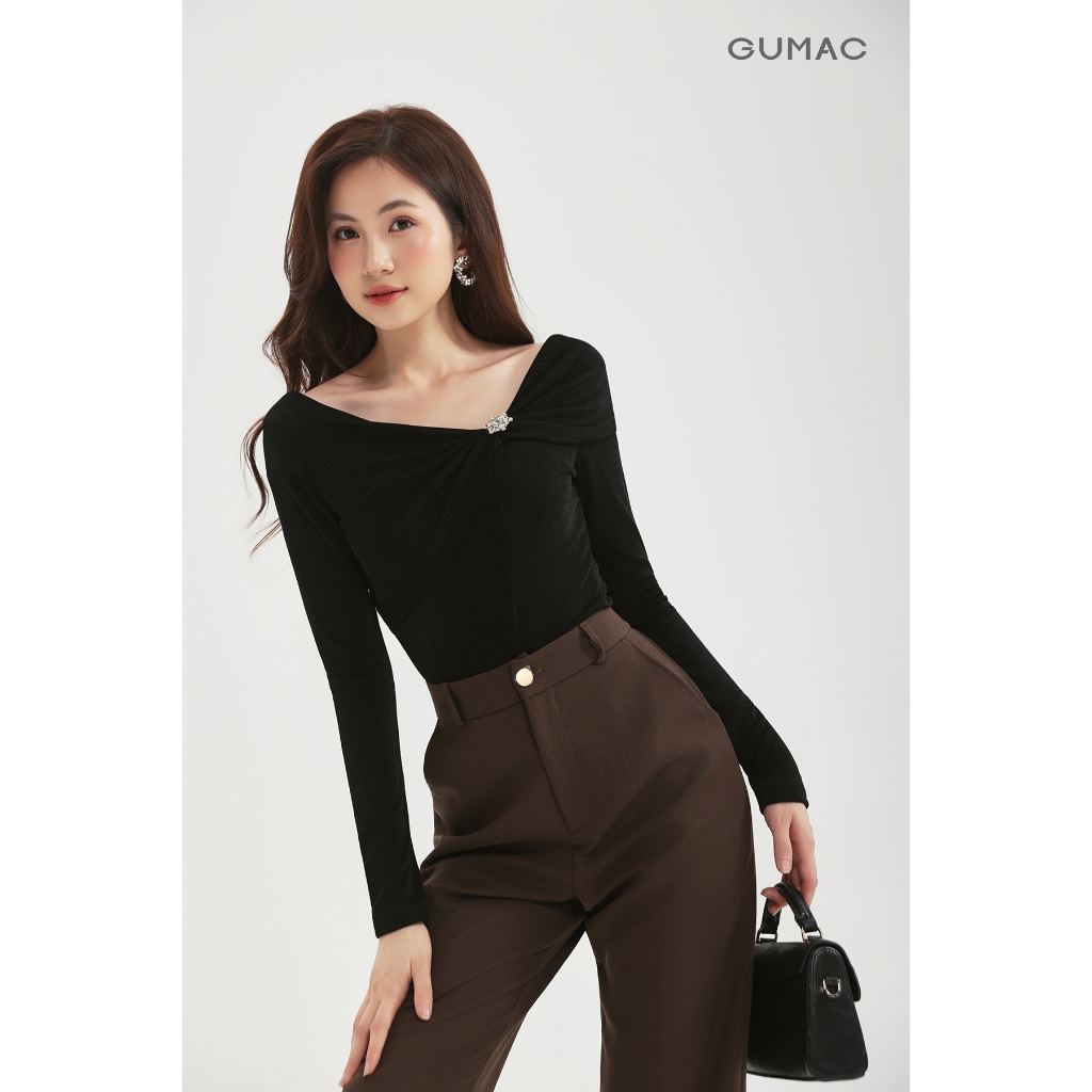 Áo Thun Nữ GUMAC Form Ôm Cổ Kiểu Trễ Vai Tay Dài Ôm Vừa Dễ Phối Đồ Hằng Ngày ATE09012