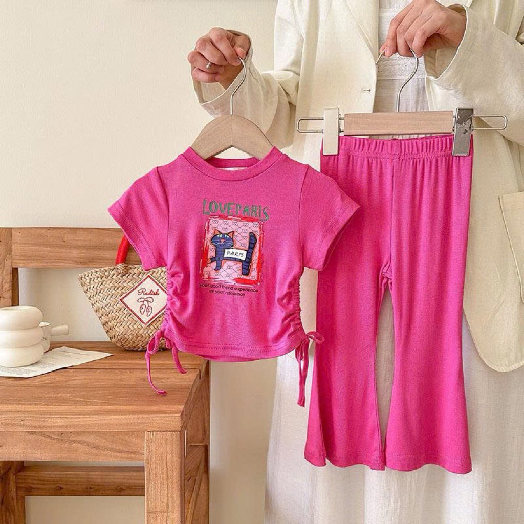 (Order) Bộ quần áo thun lạnh loe áo nhún đáng yêu mùa hè dành cho bé gái