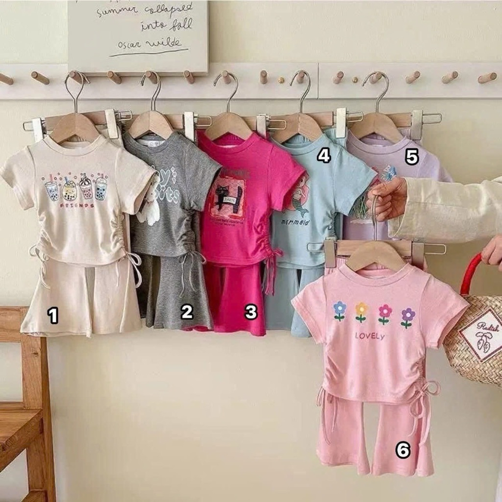 (Order) Bộ quần áo thun lạnh loe áo nhún đáng yêu mùa hè dành cho bé gái