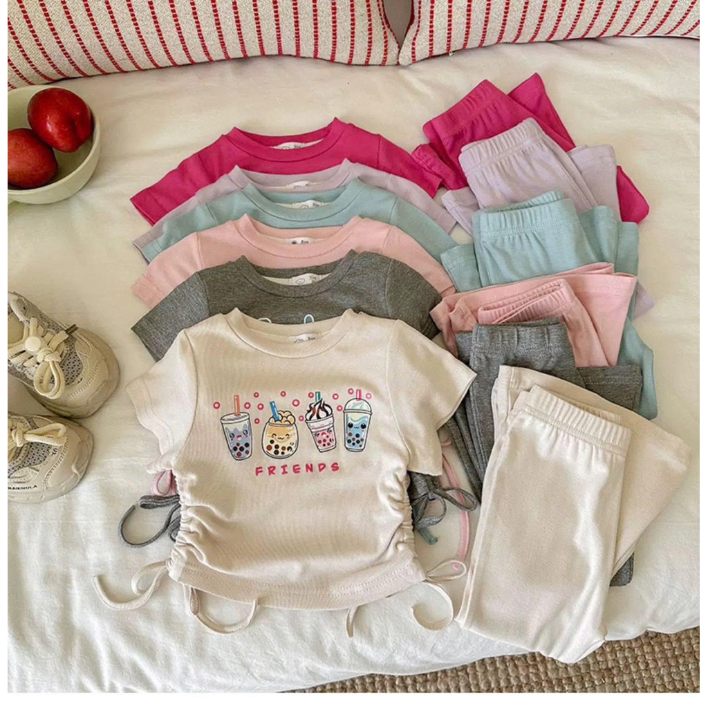 (Order) Bộ quần áo thun lạnh loe áo nhún đáng yêu mùa hè dành cho bé gái