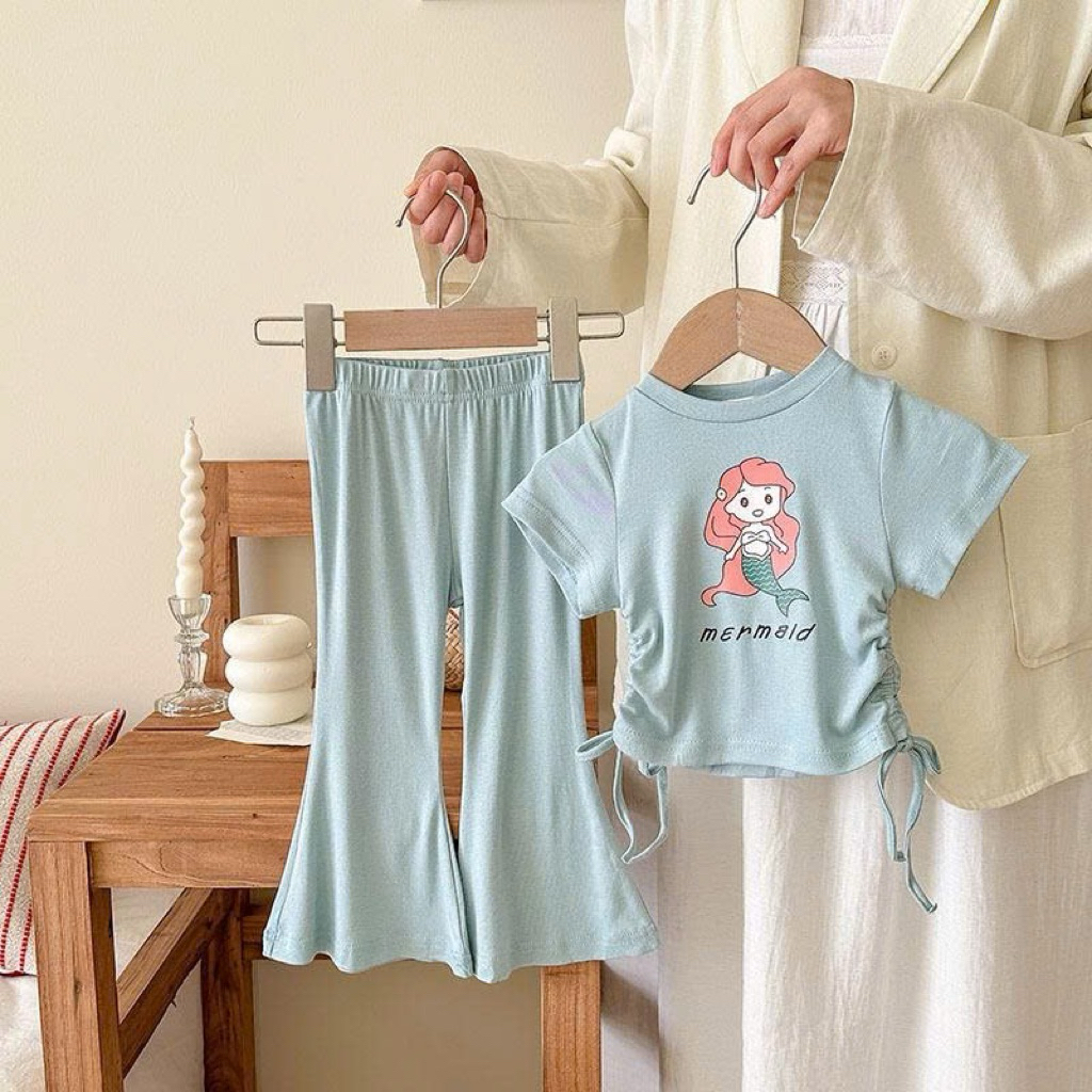 (Order) Bộ quần áo thun lạnh loe áo nhún đáng yêu mùa hè dành cho bé gái