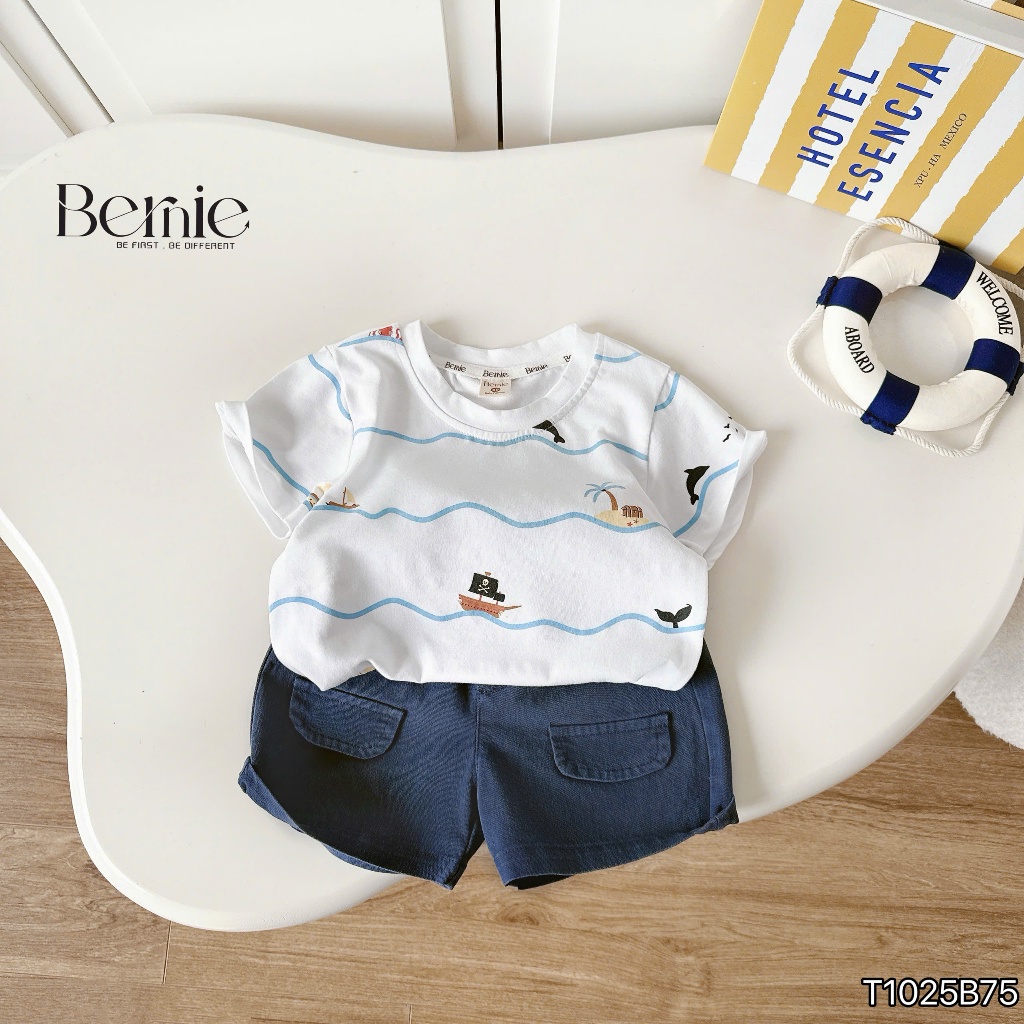 Bộ cotton hoạ tiết ocen dễ thương cho bé trai, set bộ cotton quần kaki bé trai