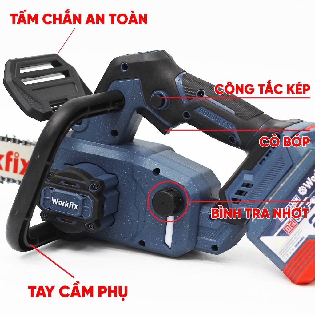 [MỚI- Tặng Thước Dây] Máy Cưa Xích 12inch WORKFIX WF-CX12PRO, Tra Nhớt Tự Động, Pin 15CELL